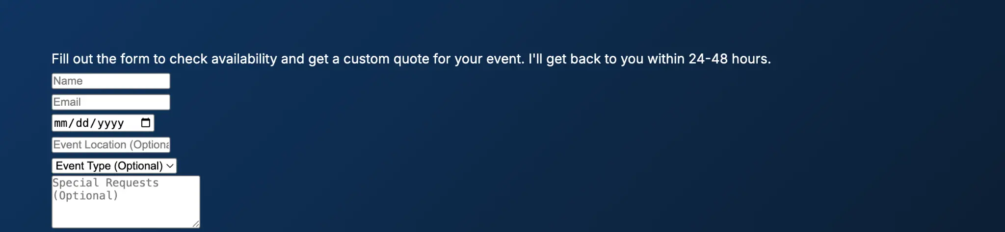 DJ Open House contact form for booking events and custom quotes